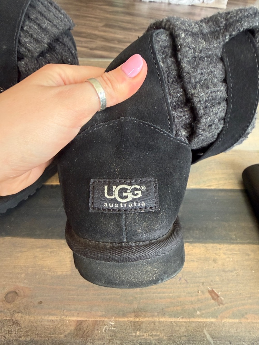 Ugg Black Suede Knit Cuff Buckle Boots - Picture 2 of 4
